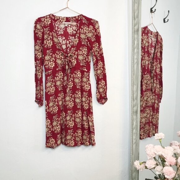 American Eagle Red Maroon Burgundy Cream Floral Cutout Boho Floral Dress - Picture 10 of 12